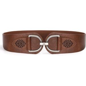 Women's Vintage Faux Leather Stretchy Wide Belt Chunky Buckle Elastic Wide Waist